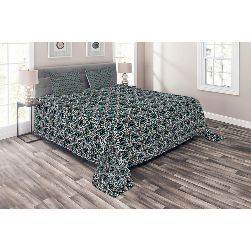 Morrocan Eclectic Polyester Ikat Coverlet, Queen Bedspread + 2 Shams, Blue Geometric