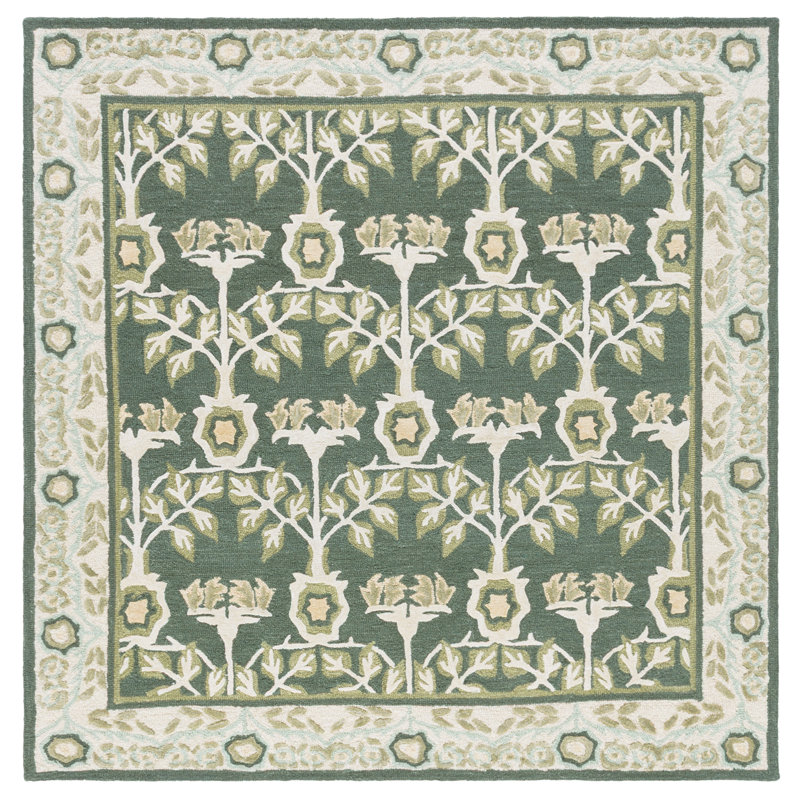 Tapis vert / ivoire en laine / coton / viscose touffeté à la main Sybil, Carré 6 pi