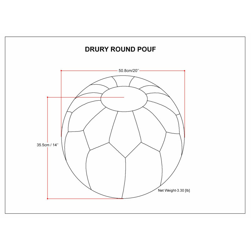 Pouf rond en cuir véritable de 20 po de largeur, Cuir véritable bleu sarcelle