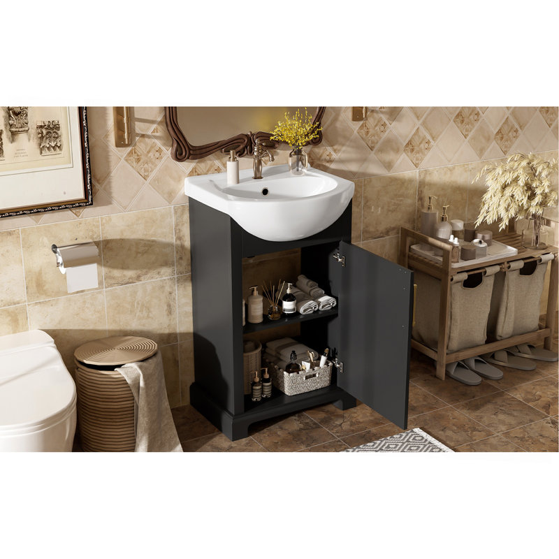 Meuble-lavabo de salle de bain de 50 cm avec lavabo en céramique, ensemble simple sur pied meuble-lavabo avec porte à fermeture douce, lavabo en céramique bombée, style français, noir
