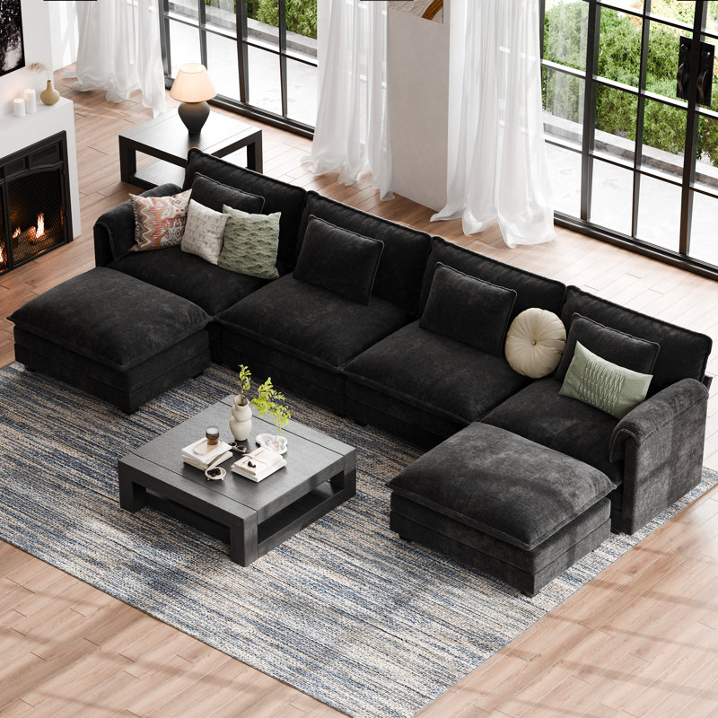 6-Piece 150'' U-Shaped Comfy Cloud Modular Sectional Sofa With Removable Ottomans-Chenille Fabric-Black, Black Chenille