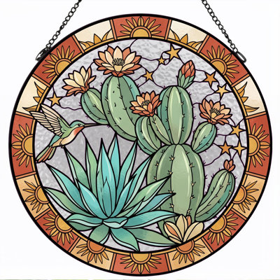 Cactus Hummingbird Stained Glass Window Panel，7.8H