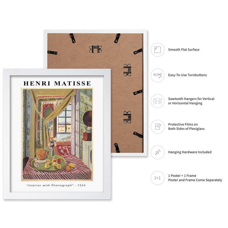 Henri Matisse - Intérieur avec Phonographe, Affiche, H 24 po x l 32 po, Encadrement blanc