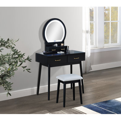 Ensemble de coiffeuse et tabouret 3 pièces avec miroir à DEL intégré et tabouret rembourré assorti avec poignées ornées de meubles en bois noir