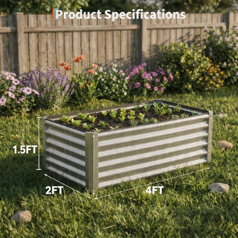 2-Pack 17in Deep Raised Garden Beds 4x2x1.5ft, Silver Galvanized Steel, Open Bottom, Silver