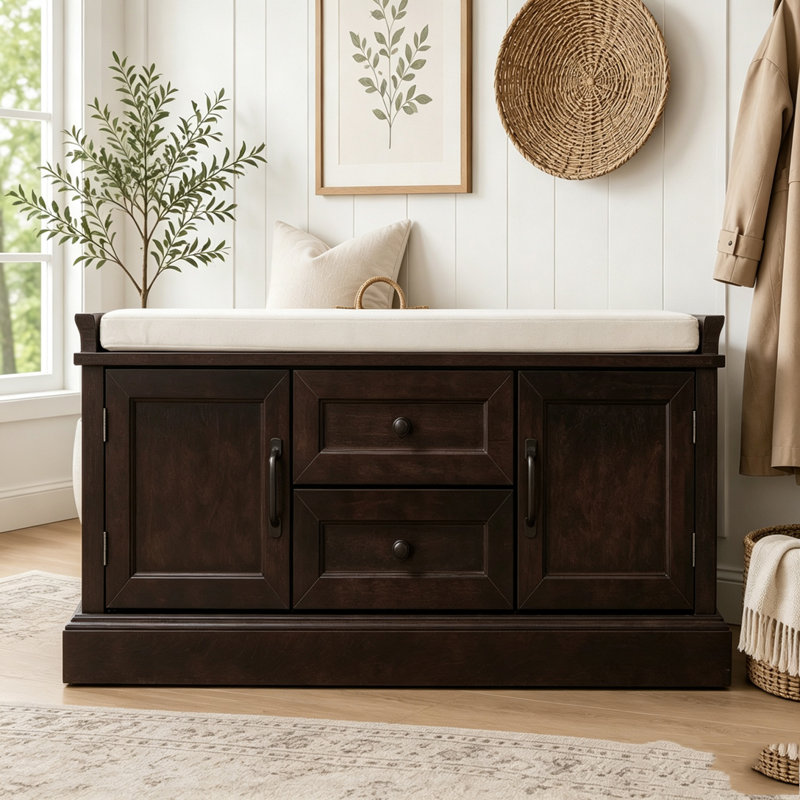 Banc de rangement avec tiroirs, armoires et coussin en velours, Espresso