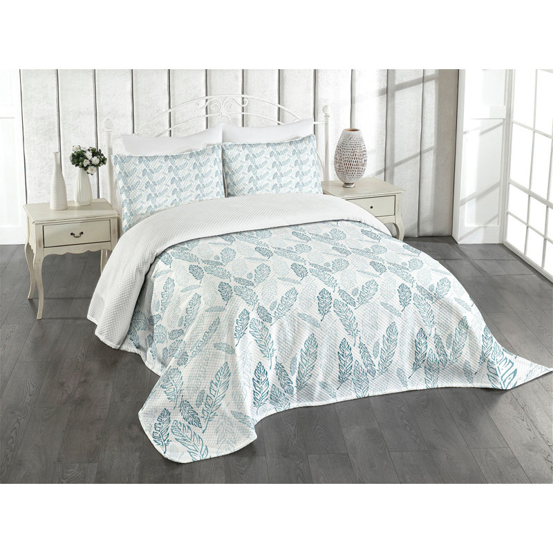 Ambensonne bleu sarcelle et plumes grunge bleu sarcelle bleu foncé blanc, Grand couvre-lit / couvre-lit + 2 taies décorativ