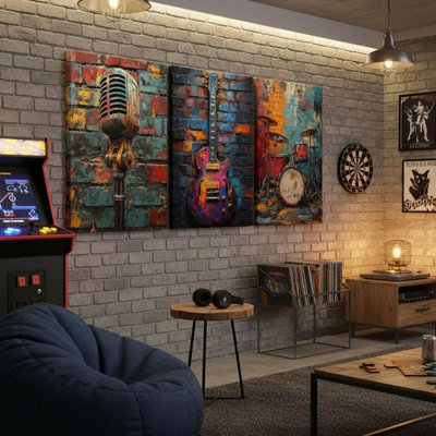 3Pcs Graffiti Musical Instruments Canvas Wall Art Cool Music Theme Posters Print Artwork Modern Colorful Room Painting Pictures Wall Decor For Studio Gallery Home Decoration 12X16in Framed