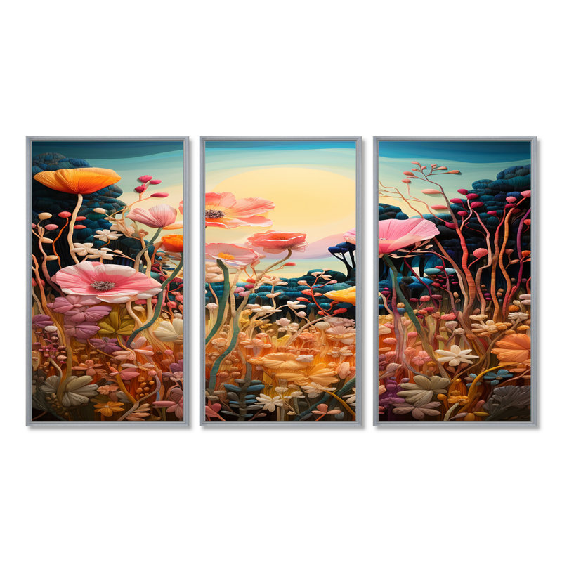 «Vibrant Wildflowers Lake Sunset», ensemble de décorations murales lac, 28" H x 36" W x 1" D, Encadrement argenté