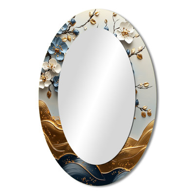 Blue Gold Cherry Blossom Branches II - Large Oval Wall Mirror On Metal