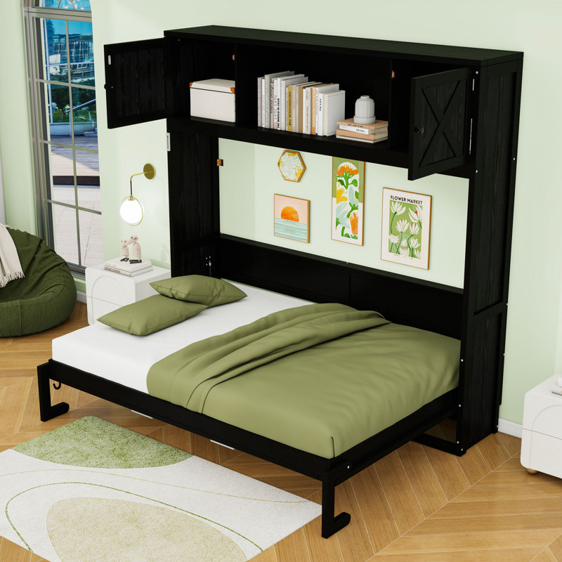 Lit escamotable double avec tablettes de rangement