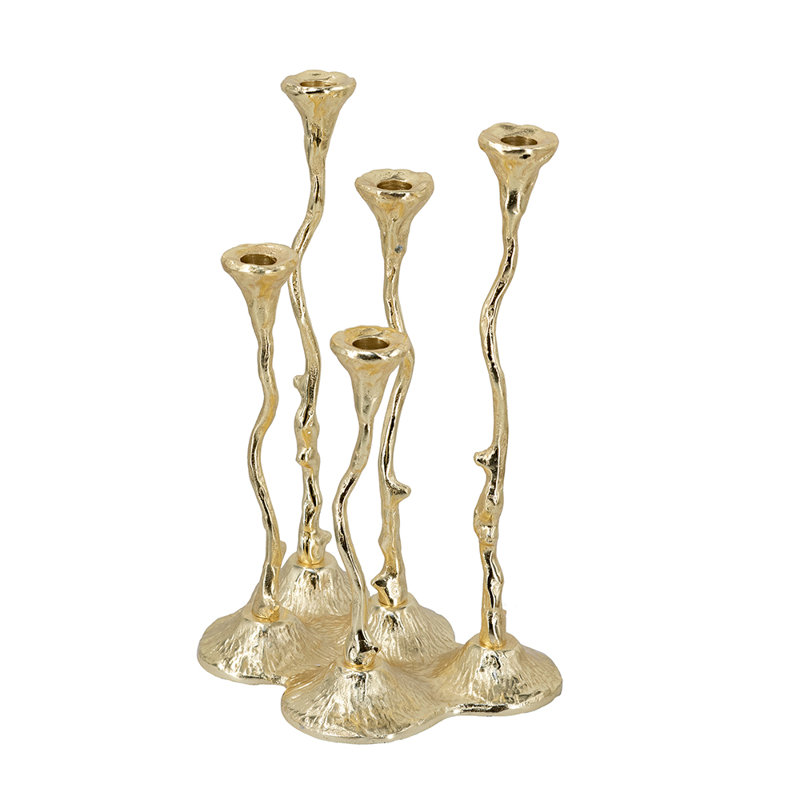 10X6.7X14" 5-Light Cast Aluminum Taper Candle Holder With Gold Botanical Design