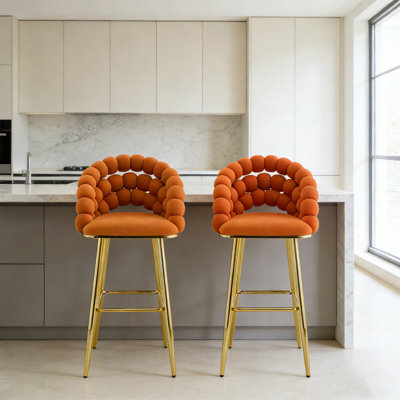 2Pcs Modern Puffy Bubble Velvet Bar Stools with Gold Legs - Tufted Accent Chairs for Kitchen Island, Home Bar, or Counter Height Seating - Sculptural Design & All-Day Comfort