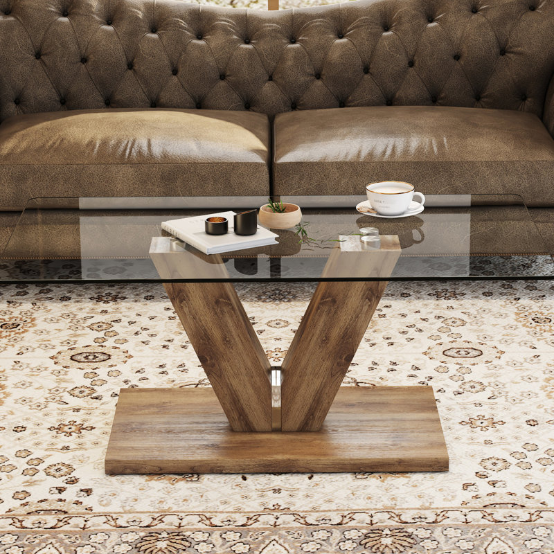 Table basse de bureau transparente avec matériau et autocollant grain de bois Composants modernes en verre transparent minimaliste
