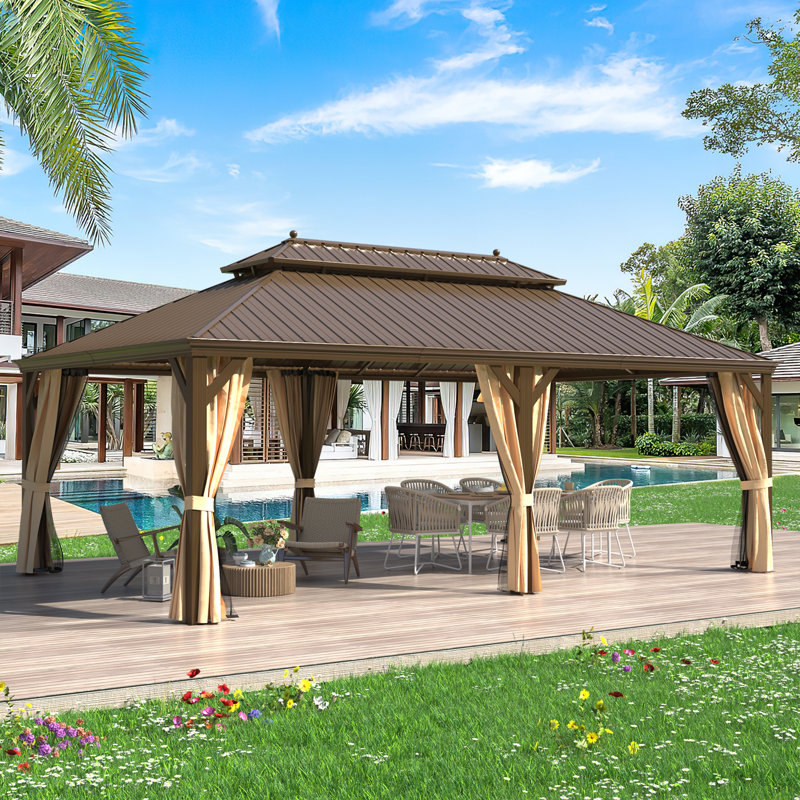  Pro Series Aluminum Patio Gazebo, Premium Hardtop Gazebo With Galvanized Steel Double Roof, Extra Large Permanent Pavilion With Curtain And Netting For Patio, Lawn, Deck