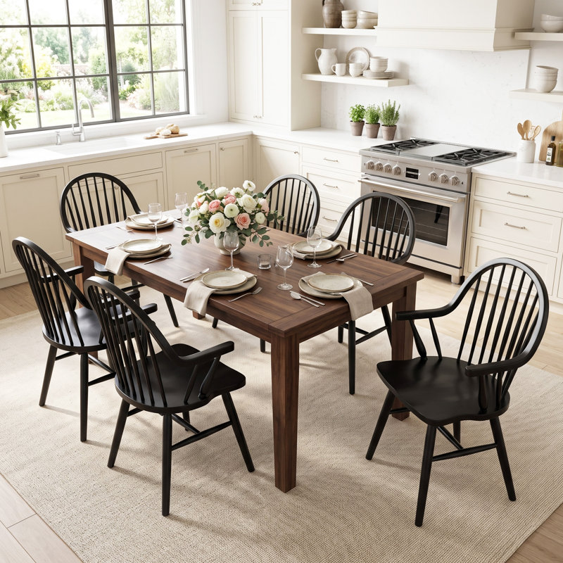 Hughes Windsor-Back Solid Wood Dining Chair, Black, 6
