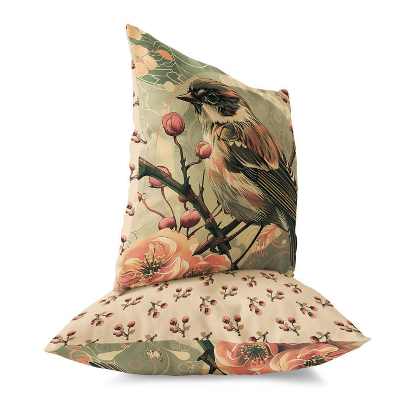 Berries and Birds Symphony  Square Throw Pillow, 20"H x 20"W, Green/Pink