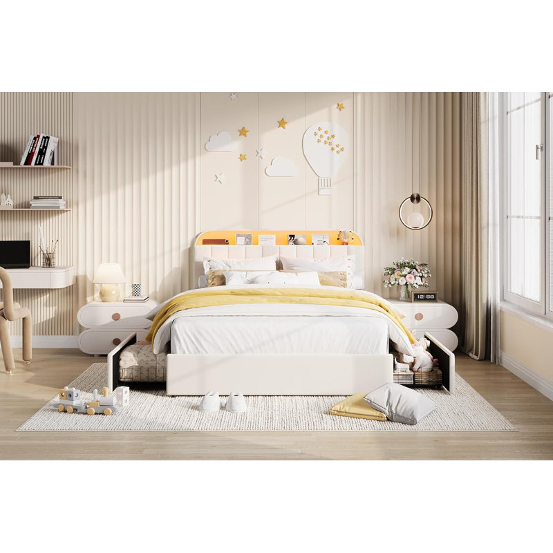 Structure de lit double en velours avec tête de lit à rangement et 2 tiroirs, beige, Double
