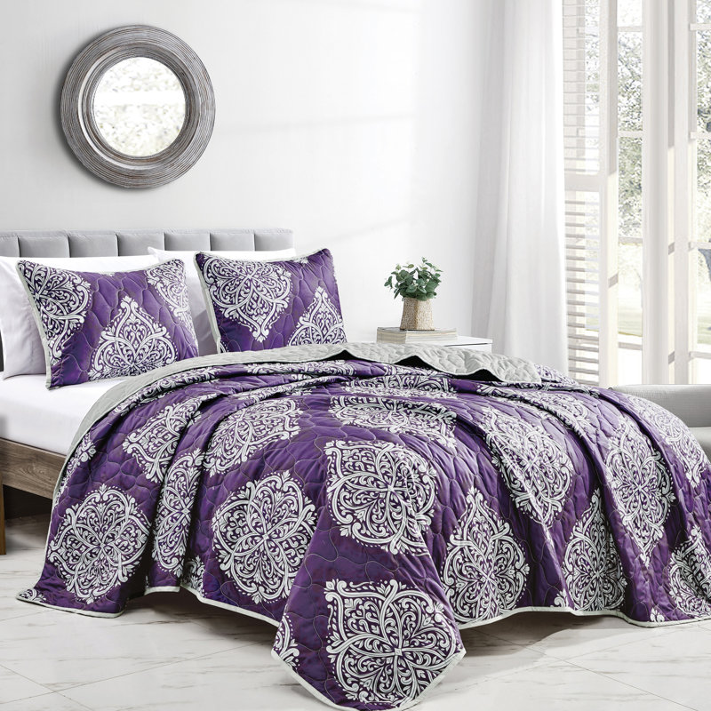 Microfiber 3 Piece Coverlet / Bedspread Set, Purple/Gray Damask, Queen Coverlet/Bedspread + 2 Standard Shams
