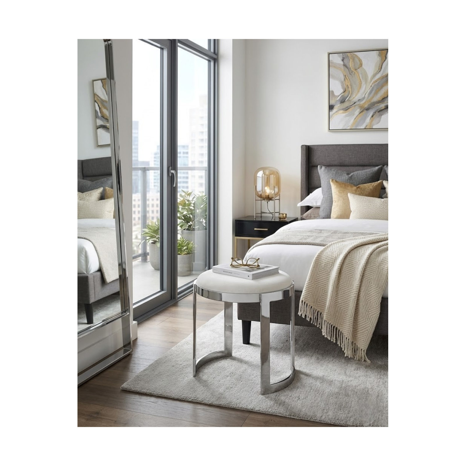 Nouri Accent Stool, White Faux Leather, Silver 