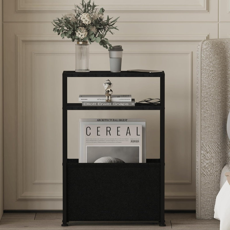 Slim Black Narrow Bedside Table With Magazine Rack 