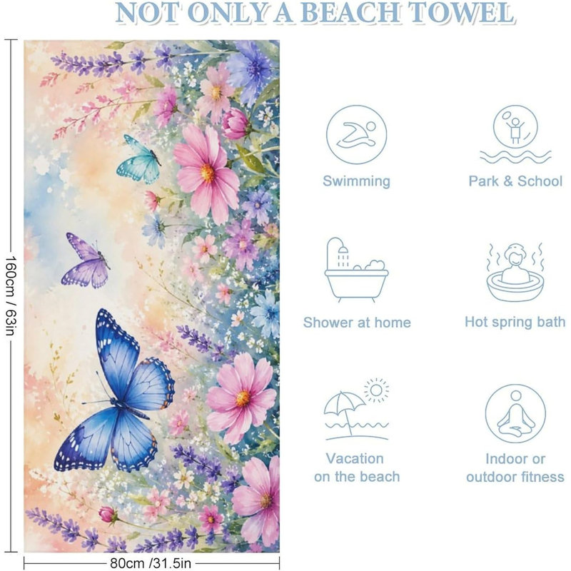 Serviette de plage surdimensionnée « Prairie printanière avec papillons », douce et absorbante, idéale pour la plage, la piscine, la salle de bain, les voyages, le gymnase et le camping, 152 x 203 cm (60 x 80 pouces).