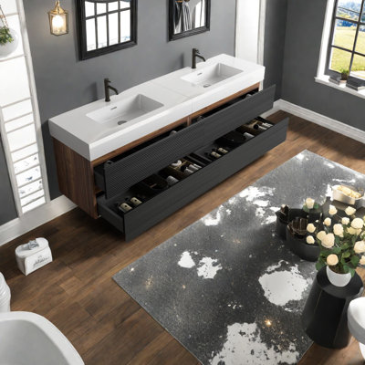 Grand meuble-lavabo moderne avec lavabo à quartz d'ingénierie, design noir et brun, idéal pour les maisons élégantes