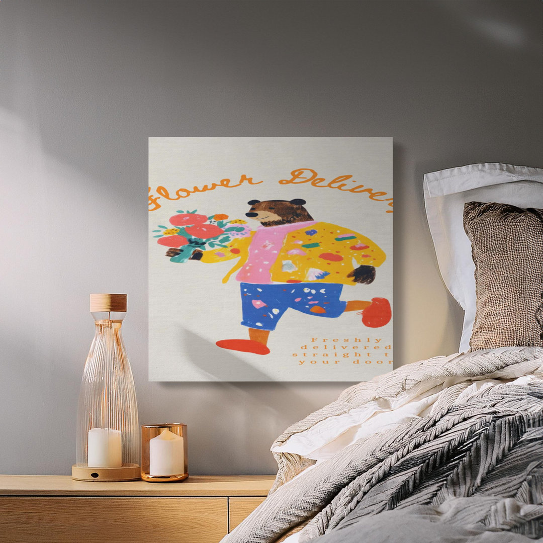 Whimsical Flower Delivery Bear Canvas