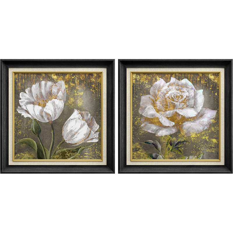 «White Rose and Lily Botanical Flower», ensemble de 2 peintures sur toile encadrées, Noir