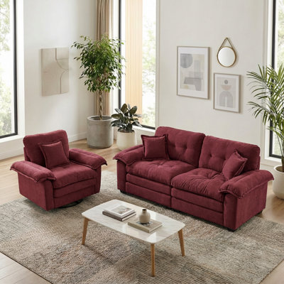 Ensemble de salon moderne 2 pièces : causeuse Cloud en chenille et fauteuil pivotant avec dossier capitonné et accoudoirs rembourrés