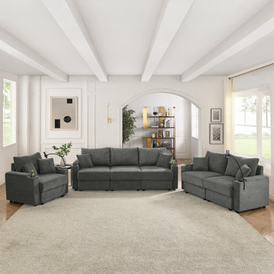 Modern 6 Seats Sofa Set With Storage, Deep Seat Sofa With Cup Holders & Phone Holder Charging Ports, Corduroy Couch For Living Room,Grey