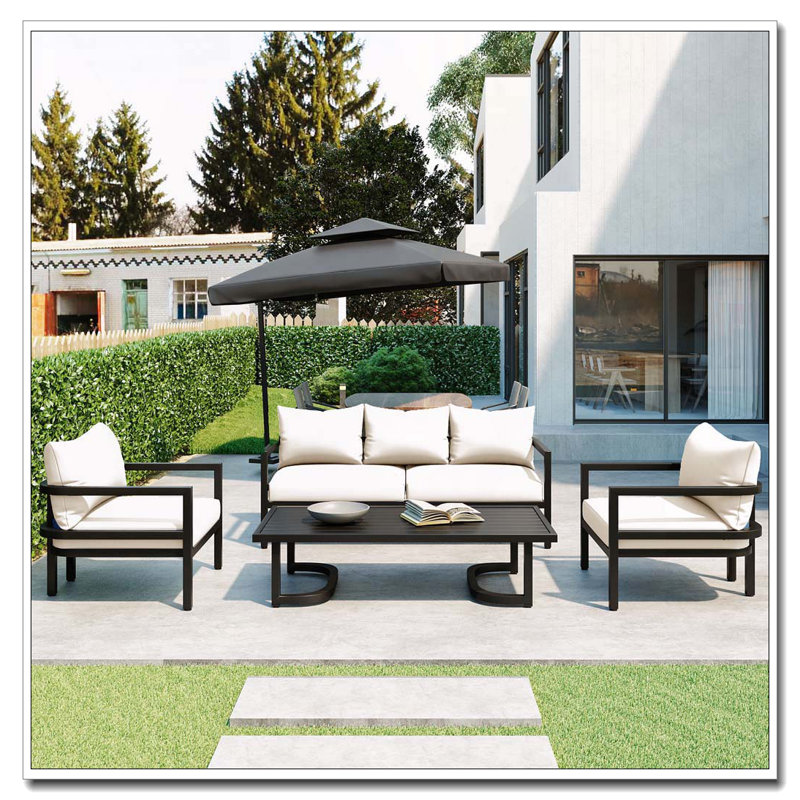 Ensemble de canapé d'extérieur en acier 5 pièces avec table basse et coussins en bois (beige), Beige