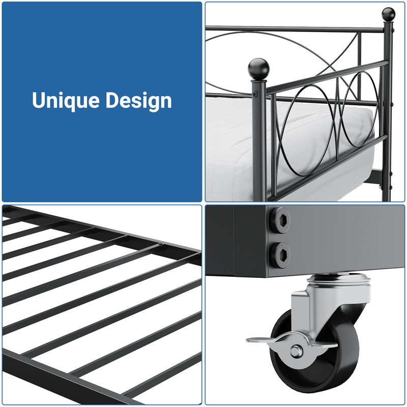 Multifunctional Twin Size Daybed Metal Day Bed with Pull Out Trundle, Premium Steel Slat Support for Bedroom, Living Room, Black