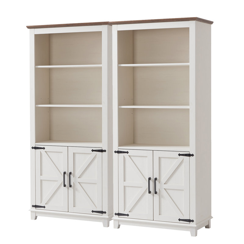 Chimira Farmhouse 69.8" H x 31.4" W 5 Tier Bookshelf with Adjustable Shelves & Barn Door, White, White