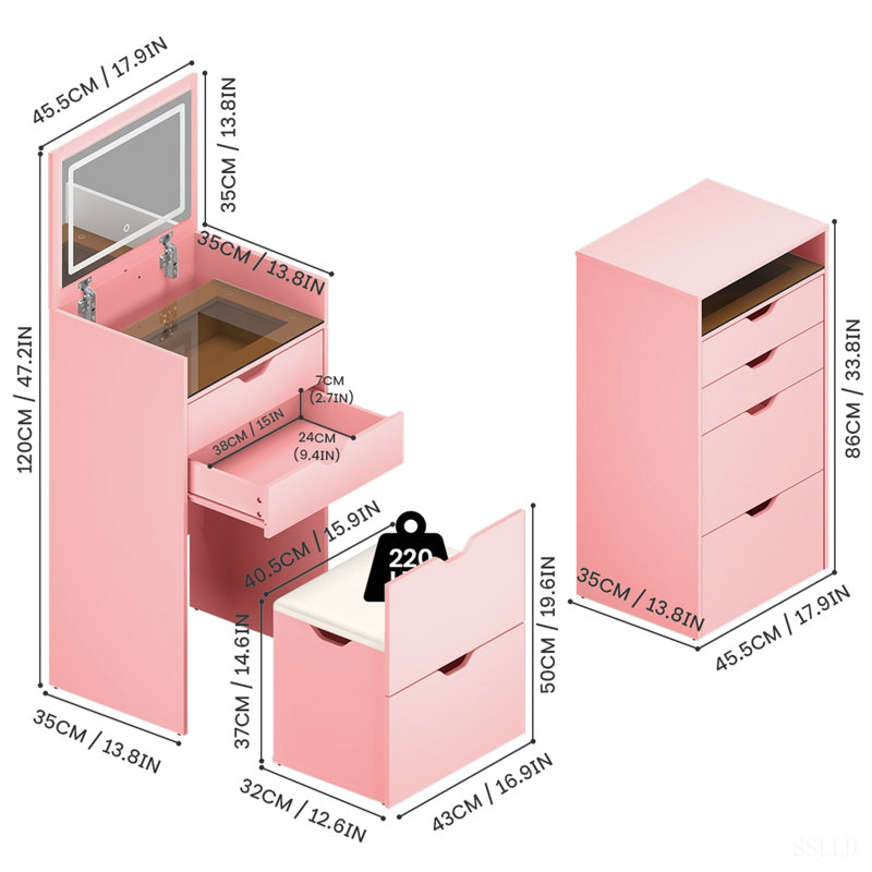 Coiffeuse et tabouret, ensemble de coiffeuse multifonctionnel 3-en-1, comprenant trois modes d'éclairage, miroir HD, deux tiroirs coulissants et un tabouret de rangement caché