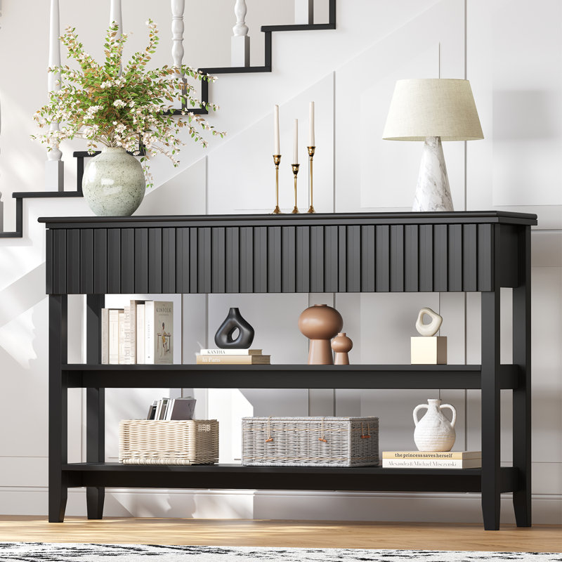 51.18" Black Modern Fluted Console Table with 3 Drawers and 2 Storage Shelves, Two-layer