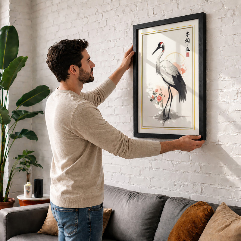 Crane with Blossoms Japandi - Framed Print, A2 - 59.4 x 42.0 cm, Oak