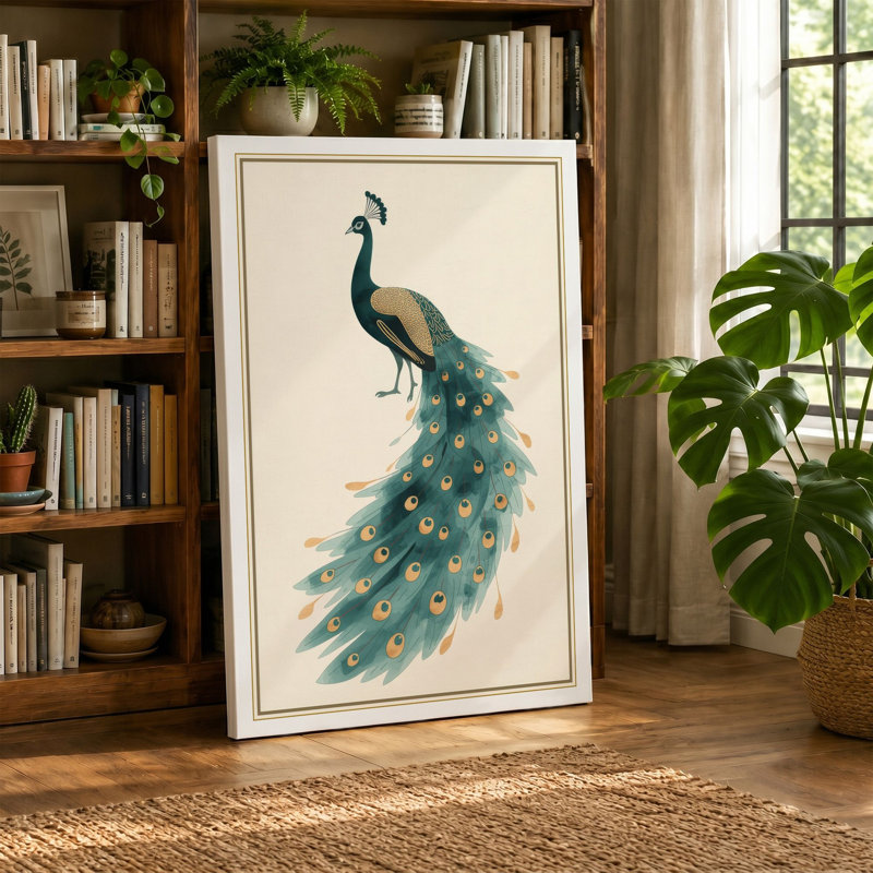 Peacock in Profile Botanical - Wrapped Canvas, 36x24 - 91.4 x 61.0 cm, Terracotta Border