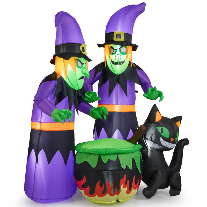 Sorcières d'Halloween gonflables 6 pi avec 2 chaudrons et chat noir