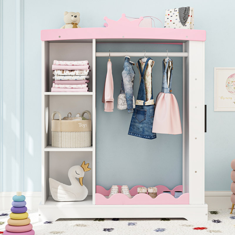 Kids Armoire with Jewelry Cabinet, Dress up Storage with Mirror and Shelves, White/Pink