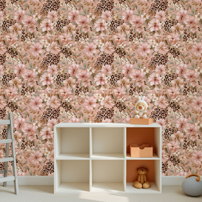 Papier peint adhésif peler et coller en PVC, revêtement mural auto-adhésif amovible avec toile de léopard bohème, impression de décoration botanique rose doux, imperméable pour la décoration intérieure - rouleau