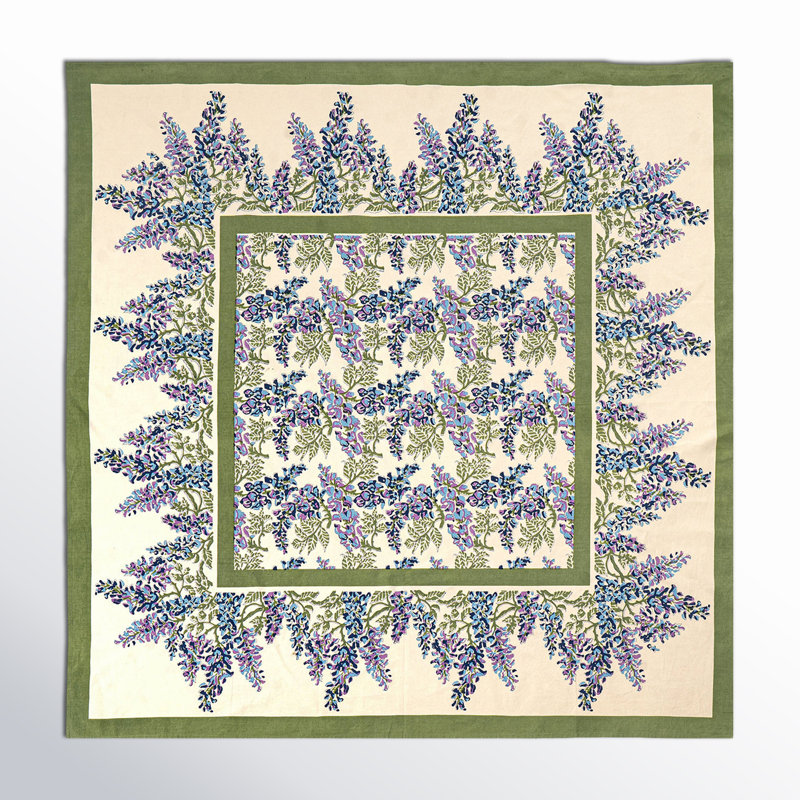 Wisteria Handmade Floral Tablecloth, 90" x 90", Blue/Green