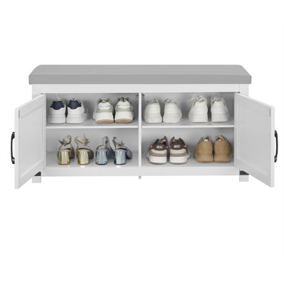 Shoe Storage Bench with Padded Seat, 2 Tier Shoe Rack Bench with Barn Doors, Adjustable Shelves, Shoes Cabinet with Cushion for Hallway, Living Room, Bedroom, Entryway