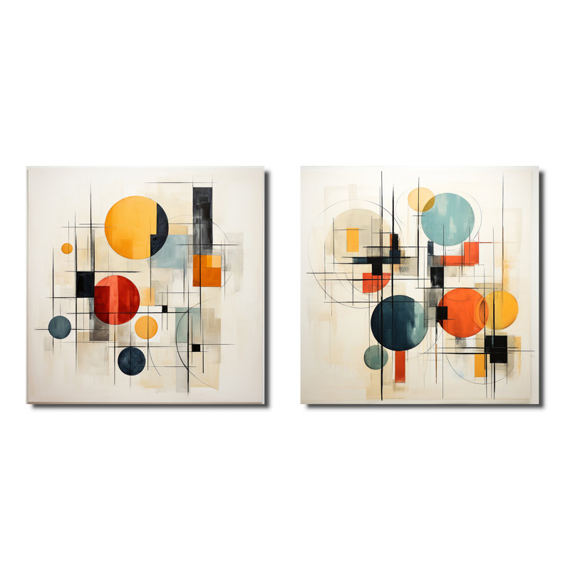Ensemble de 2 collages carrés géométriques multicolores, Toile tendue, H 30 po x l 61 po