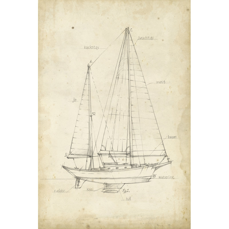 «Sailboat Blueprint VI», reproduction d'art sur toile, H 36 po x l 24 po
