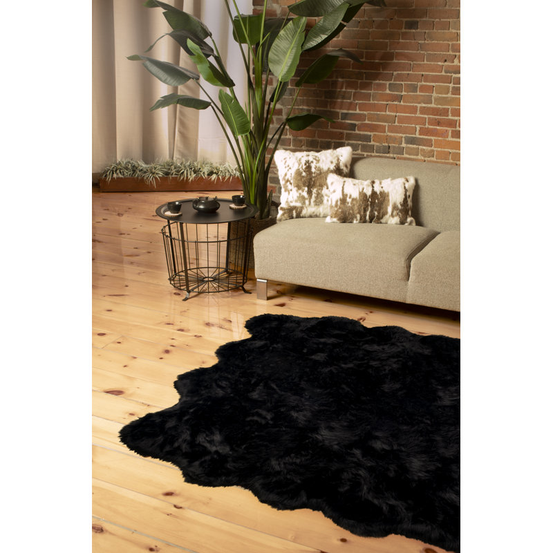 Laperle Black Faux Sheepskin Fur Area Rug, 6' x 6'