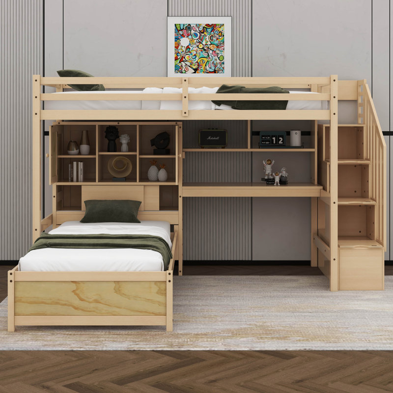  Lit mezzanine simple au-dessus de simple Karanfila avec bureau intégré et escalier, avec compartiments de rangement et tablettes