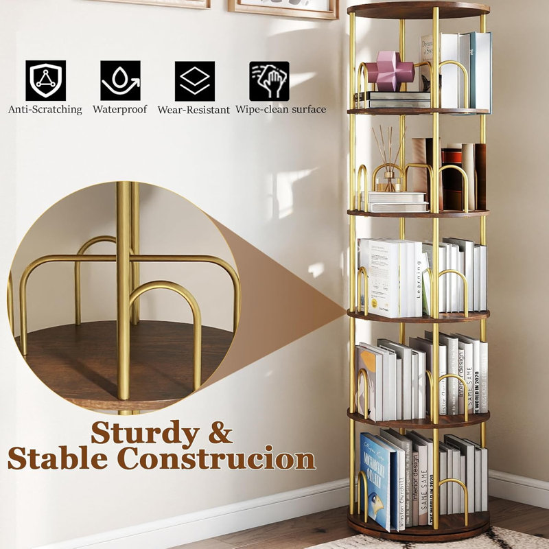 5-Tier Rotating Bookshelf, 360° Round Spinning Book Shelf Tower, Tall Skinny Wood & Metal Bookshelf, Gold