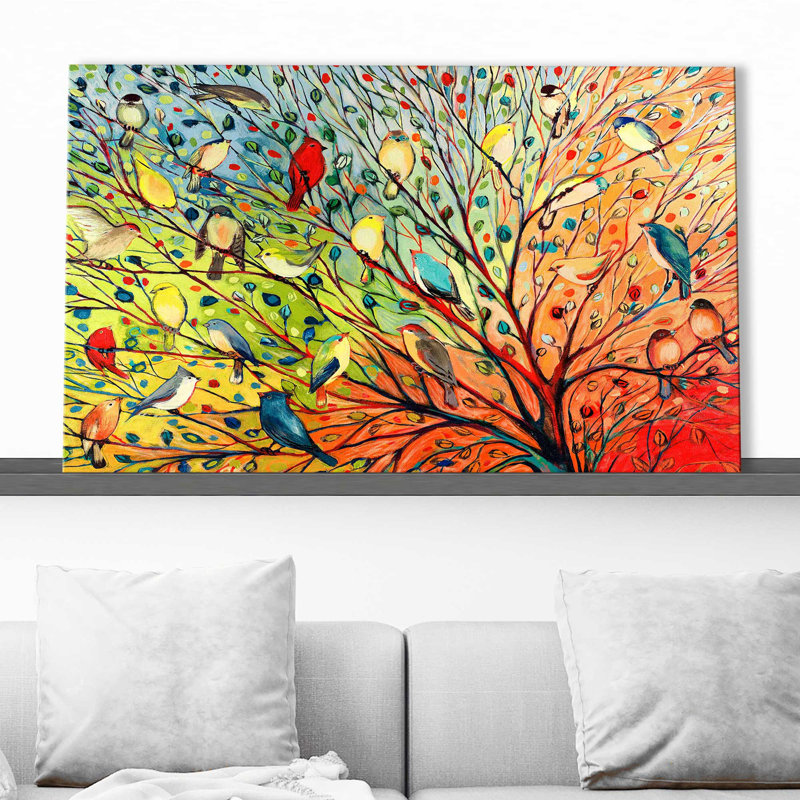 27 oiseaux par Jennifer Lommers, reproduction sur toile tendue, H 18 po x l 30 po x P 1 po