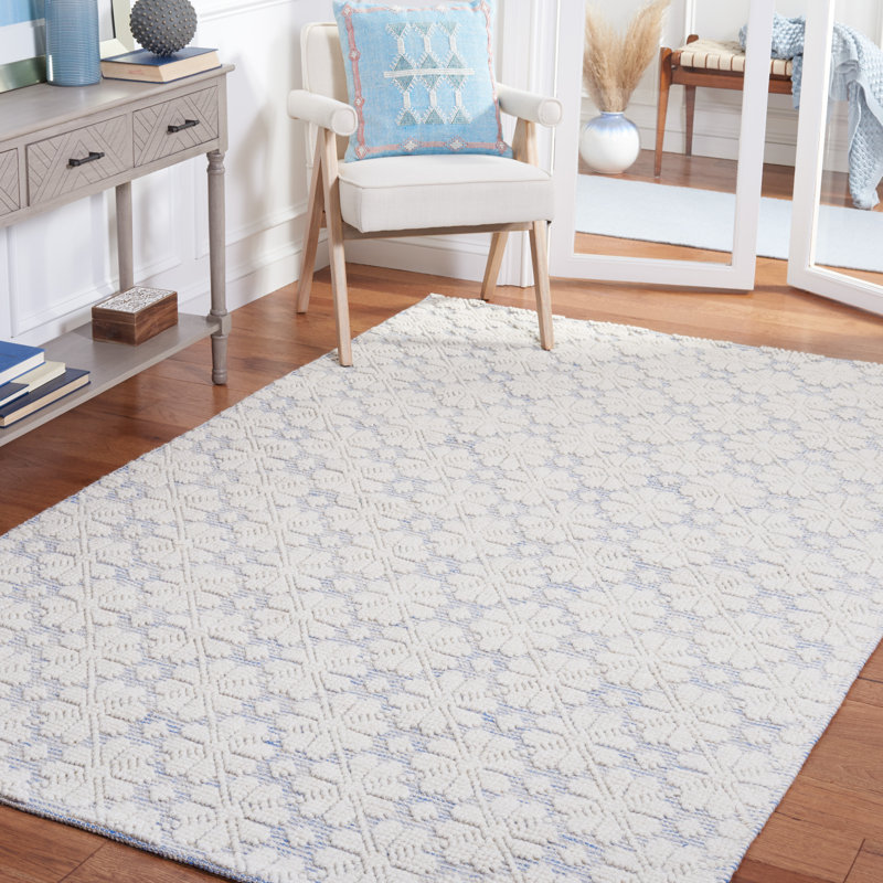 Tapis bleu / ivoire en laine tissé à la main Sharene, Rectangle de 5 pi x 8 pi